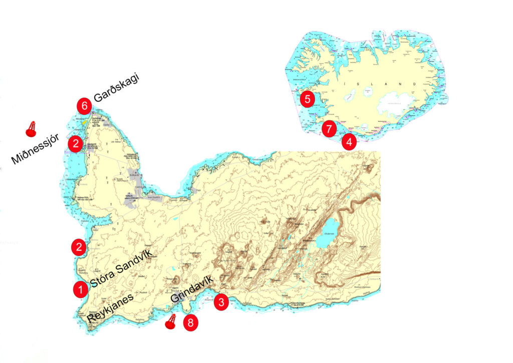 1. mynd. Fiskreki í febrúar og mars 2022 (rauðir punktar og númer; sjá 1. töflu). Baujur sýna staðsetningu öldudufla út af Garðskaga og Grindavík. – Positions of beached fish in February and March 2022 (red dots, see Table 1). Buoys show positions of two wave measurement buoys.