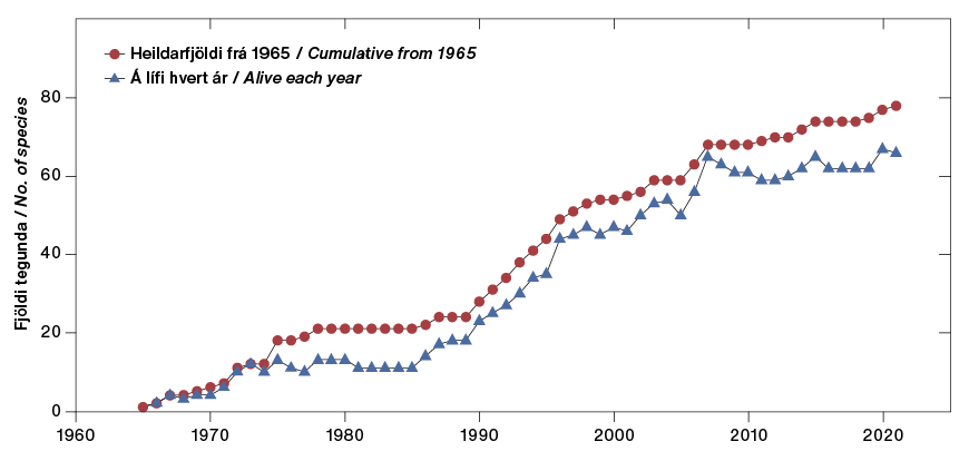 3. mynd. Landnám æðplantna í Surtsey 1965-2021, heild og fjöldi sem fundist hefur á lífi ár hvert. – Surtsey colonizing curve for vascular plants during 1965–2021.