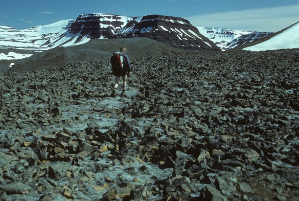 1. mynd. Gengið um frostsprengdar og frostlyftar þelaurðir á háfjöllum Tröllaskaga. – Blockfields on the top of Tröllaskagi mountains. Ljósm./Photo: Ágúst Guðmundsson 1987.