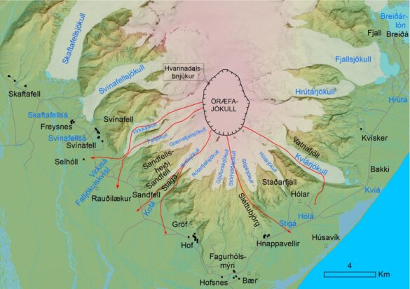 1. mynd. Yfirlitsmynd um Öræfi ásamt flóðfarvegum úr öskju eldstöðvarinnar og nokkrum fornbýlum; x merkir að staður býlisins er þekktur en (x) að staður er óviss. – Overview of Öræfi with floodpaths from the Öræfa- jökull caldera and a few ancient farmsteads, where x denotes known location and (x) assumed location. Mynd/Photo: Jóhann Helgason.
