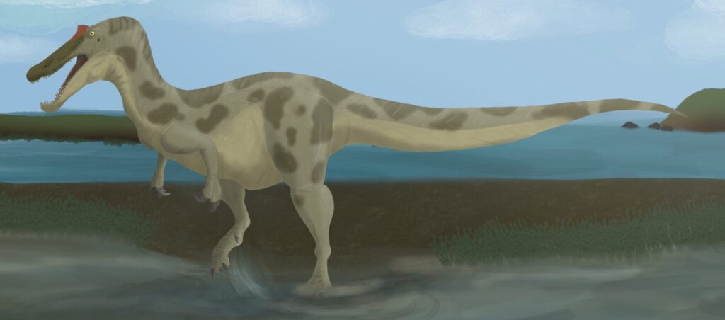 Sporeðla, Baryonix walkeri, í náttúrulegu umhverfi sínu. Teikn.: Viktor Árnason.